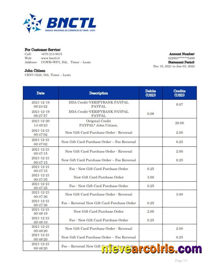 Timor-Leste BNCTL bank statement